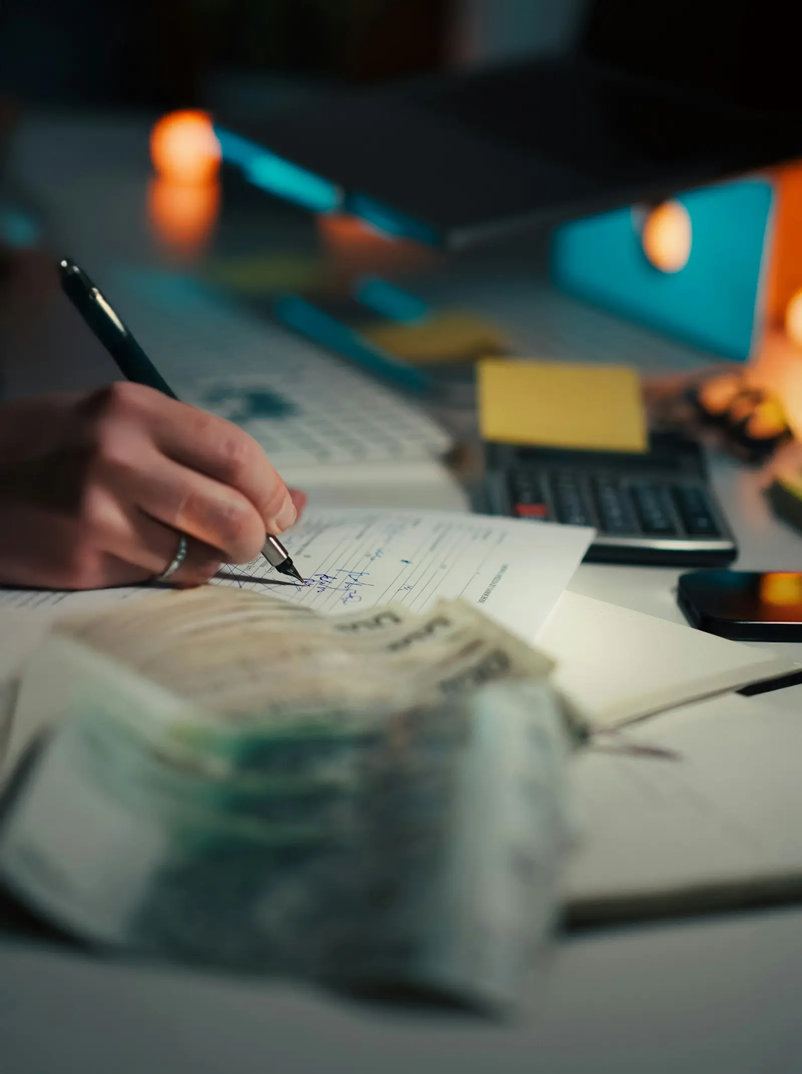 A hand writing in a notebook beside a calculator and a bundle of banknotes on a desk