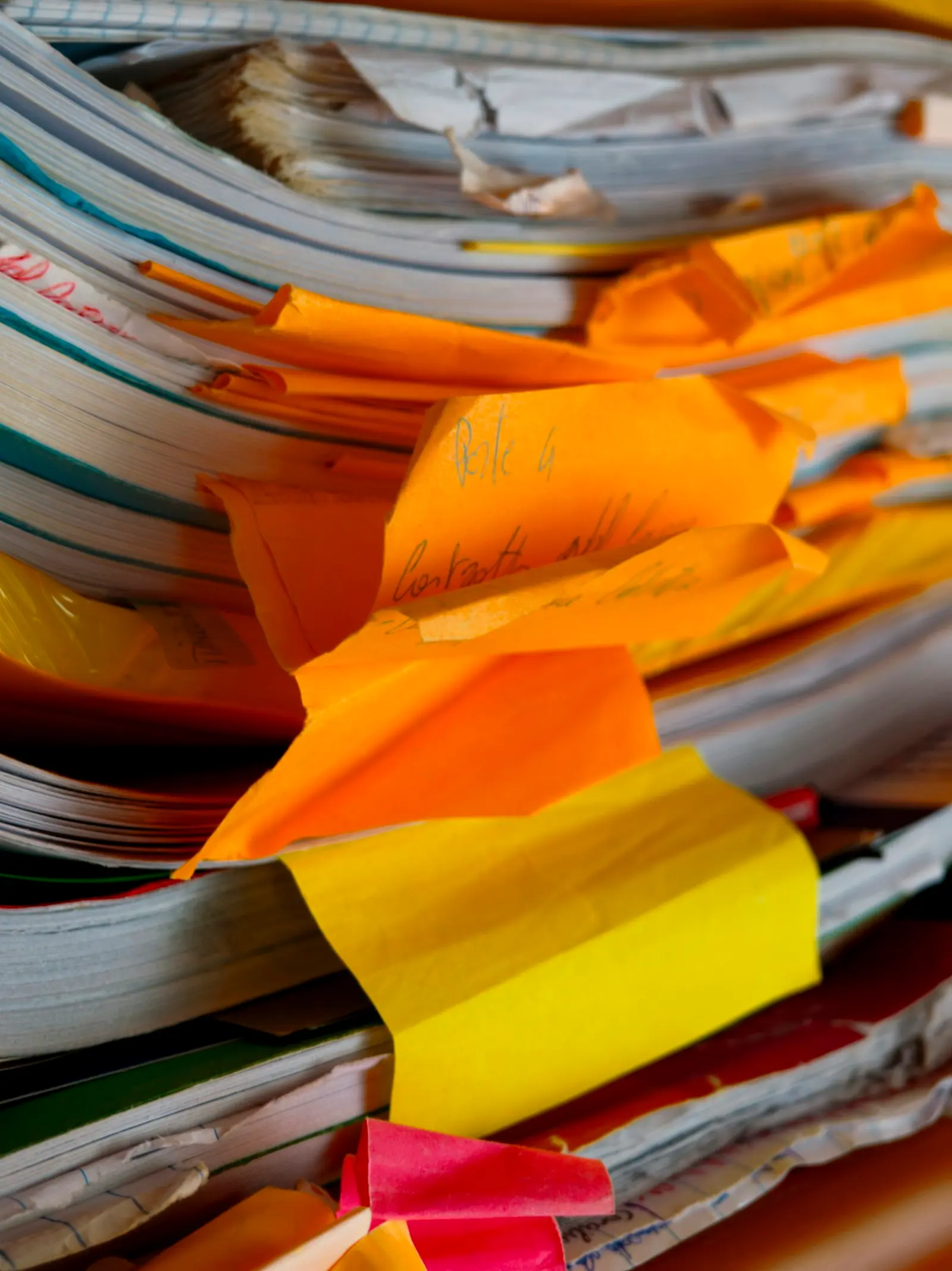 A tightly packed stack of old exercise books and files, with torn orange and yellow paper tabs sticking out between the pages