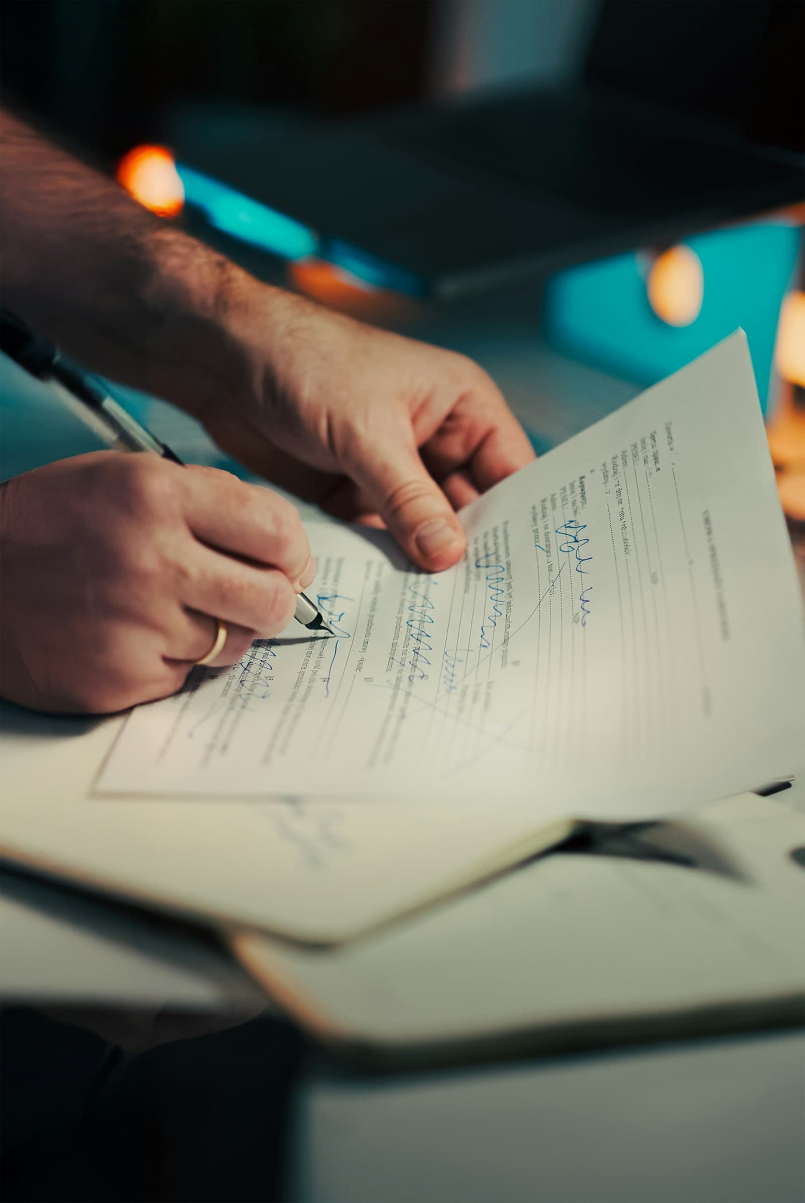 A pair of hands signing a paper document with a pen at a desk
