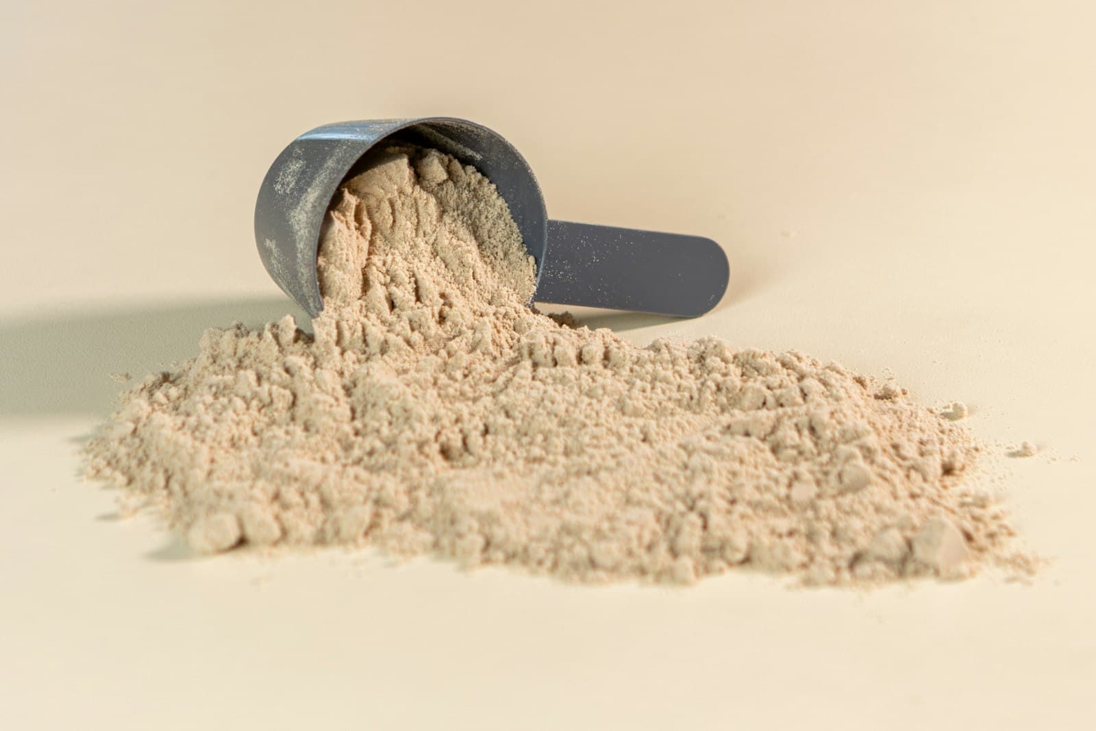 A scoop tipped over in a heap of fine, off-white bone meal powder