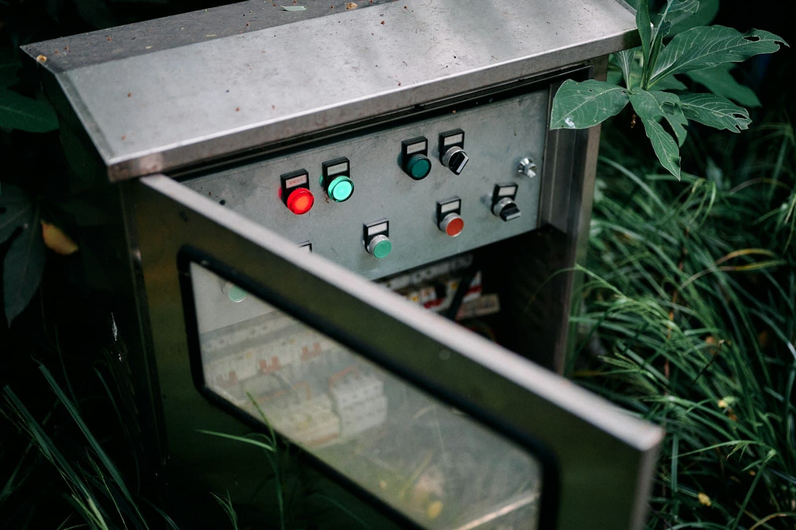 An outdoor metal electrical control box with red and green push-button switches, its glass inner door open, standing amid tall grass and leafy plants