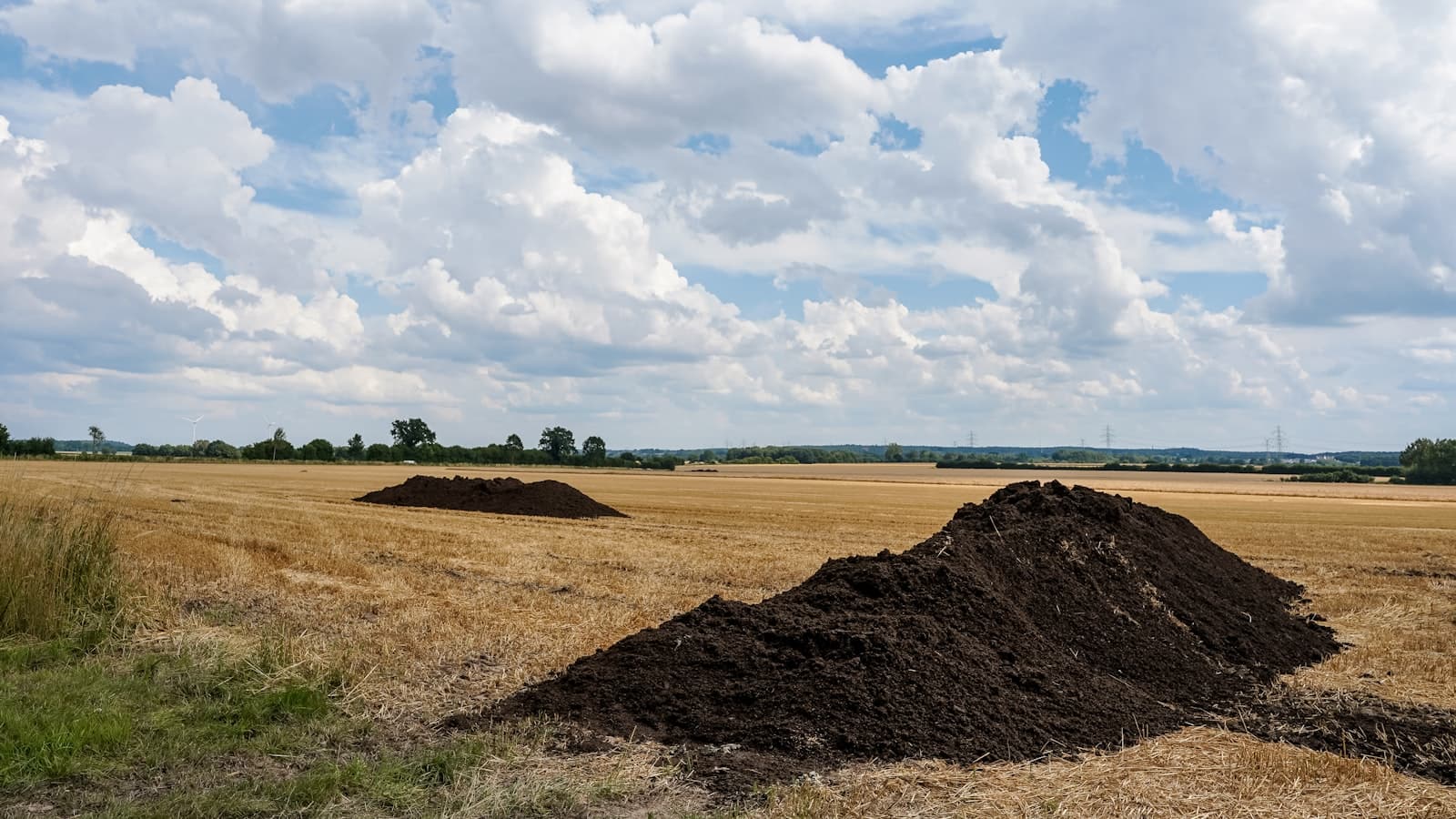Two large dark compost and manure piles heaped in a harvested field