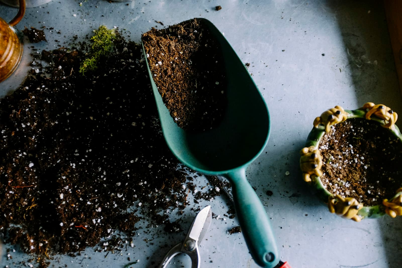 A scoop resting in dark, crumbly compost spread across a work surface