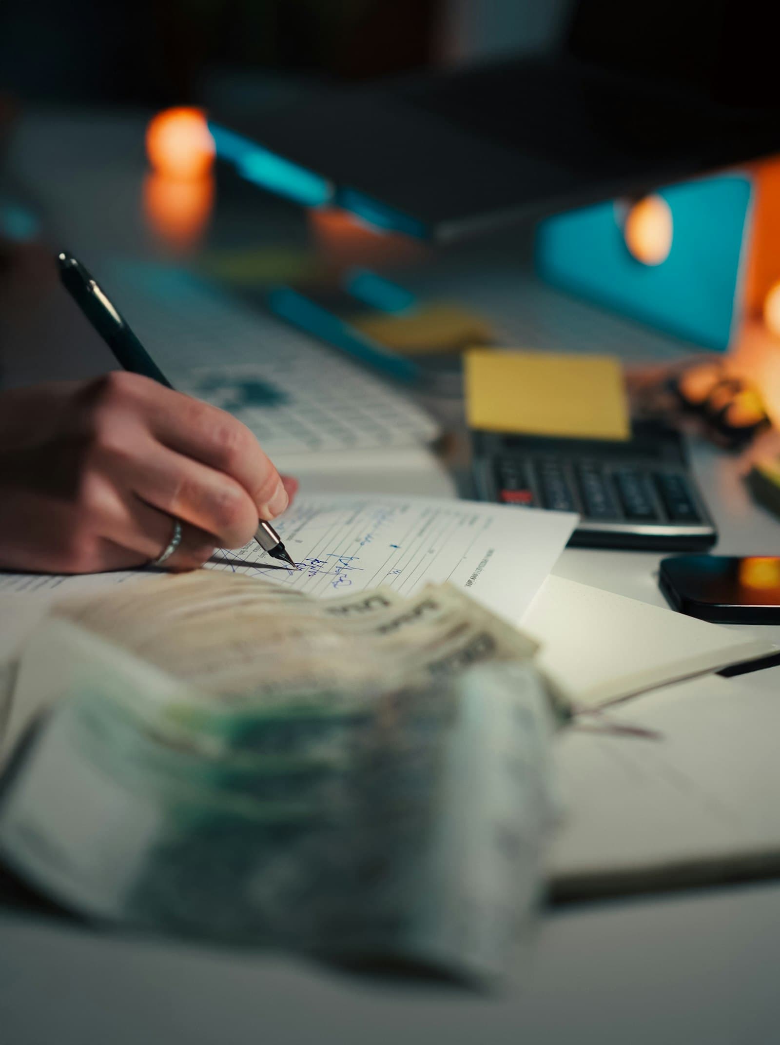 A hand writing in a notebook beside a calculator and a bundle of banknotes on a desk