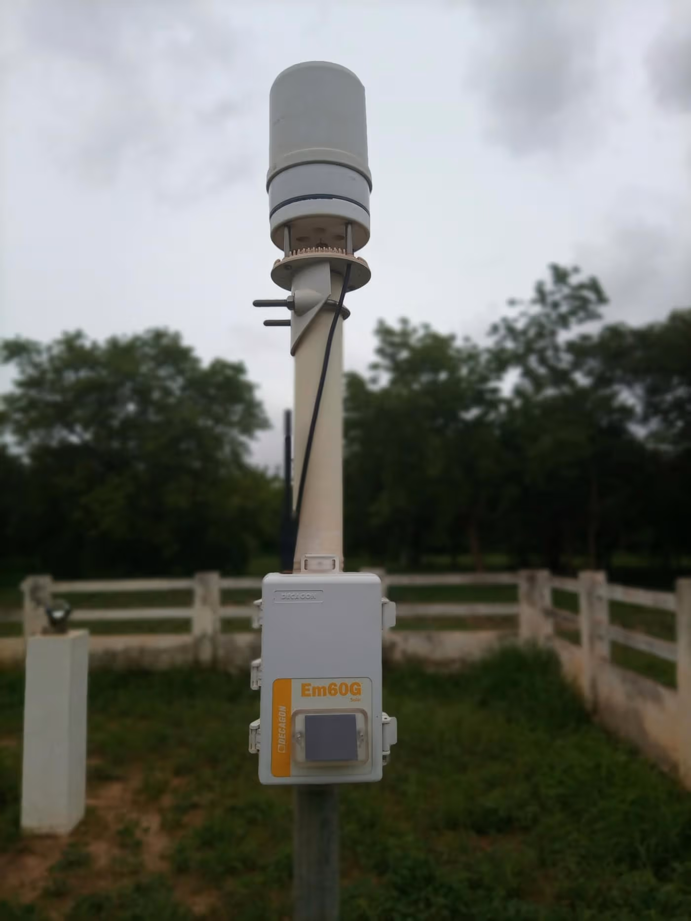 A weatherproof IoT sensor and data-logger box mounted on a pole in a grassy fenced field