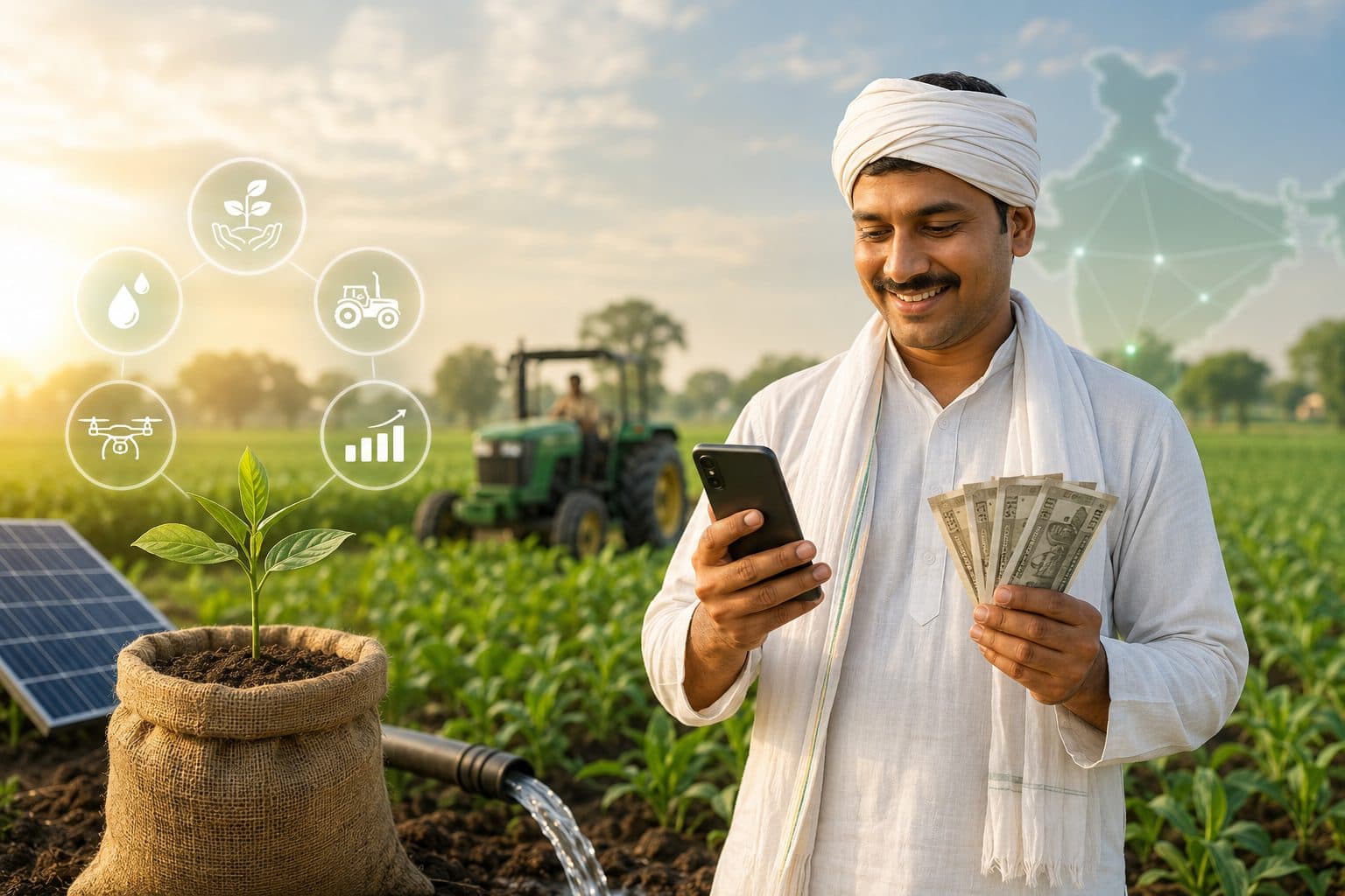 A turbaned farmer smiling at his phone while holding rupee notes in a green field, with a tractor, solar panel and irrigation icons overlaid behind him