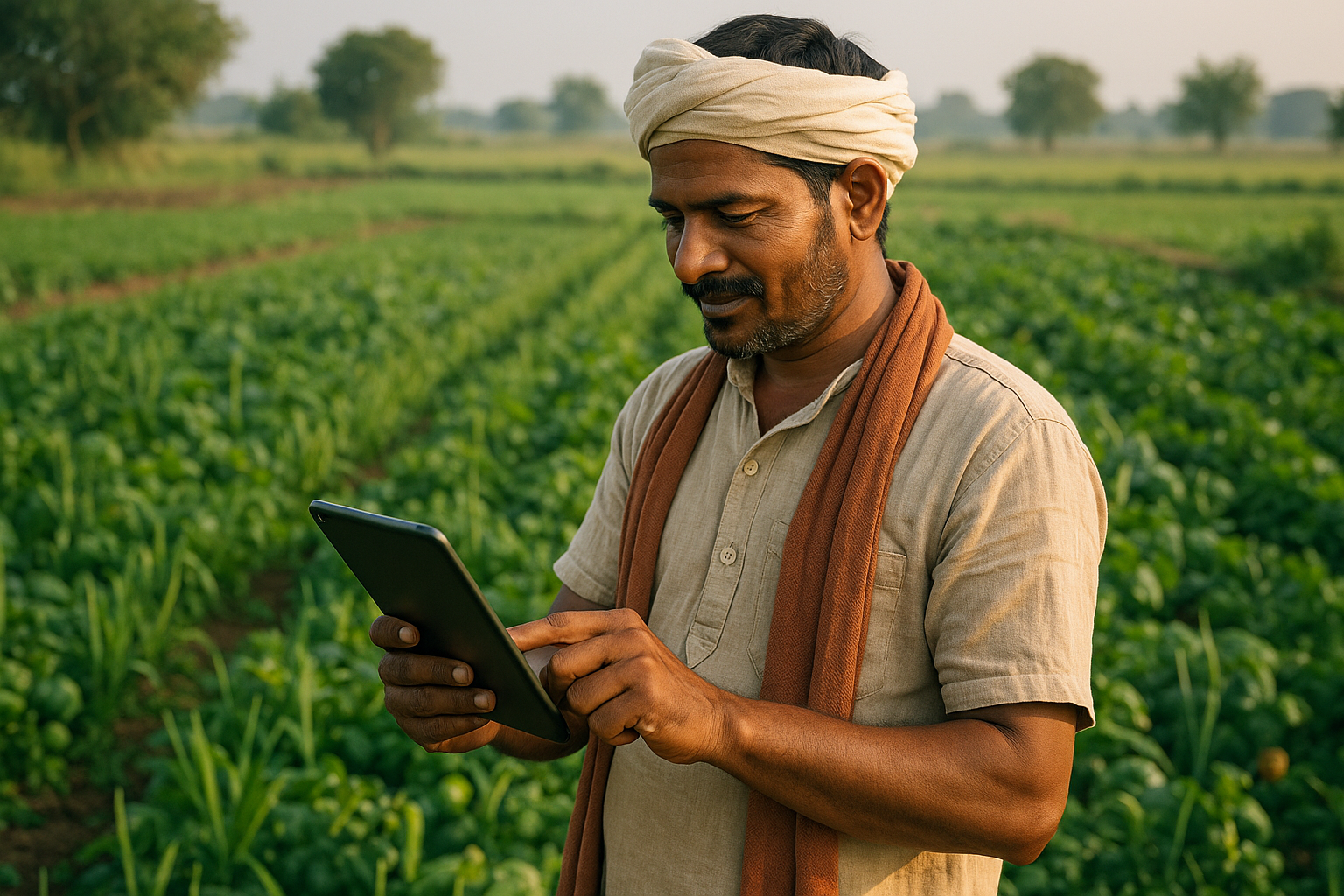 farmer working on farm and using didital technology india
