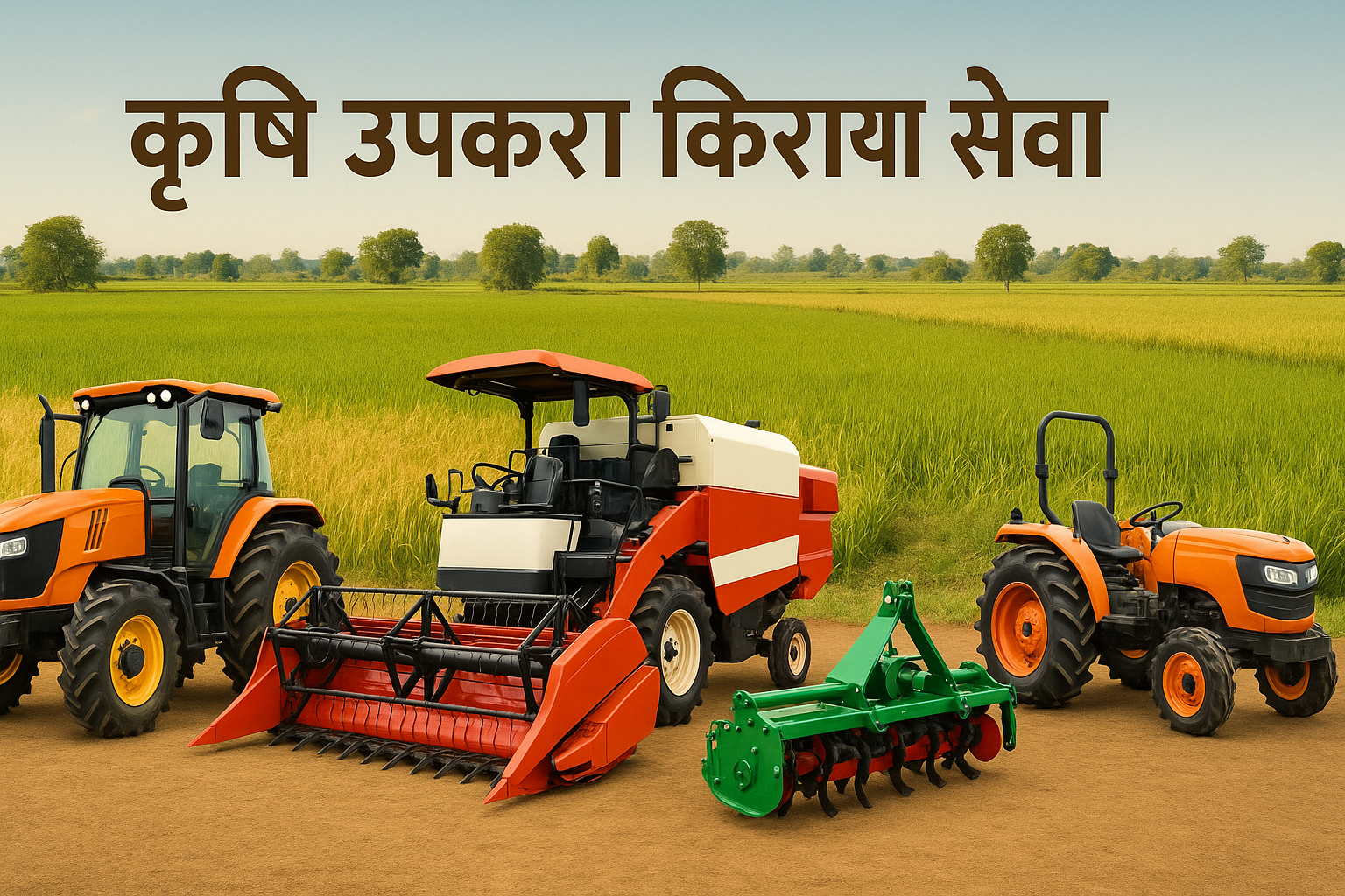 gererate a image for faarm equipment rental in hindi for india and make sutre it matches the rqquirement size of slide show banner. not too big